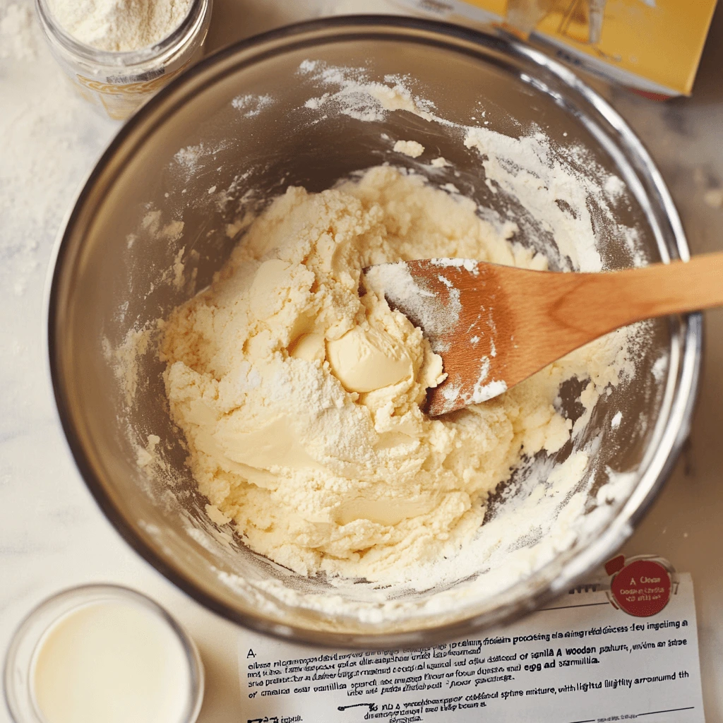 "A mixing bowl with dry ingredients being added to a creamed butter and sugar mixture, stirred with a wooden spoon, with a small glass of milk nearby."

