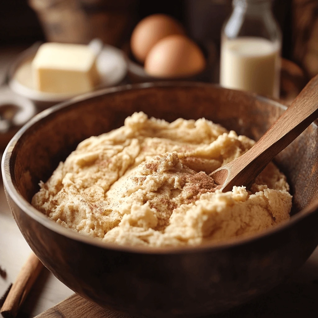 A bowl of smooth cinnamon cookie dough with baking ingredients arranged nearby.


