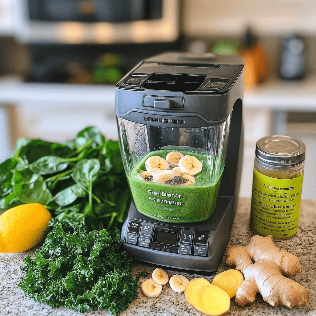 "Blender filled with a Green Fat-Burner Smoothie containing spinach, kale, banana slices, chia seeds, and ginger, on a kitchen counter with fresh ingredients nearby."