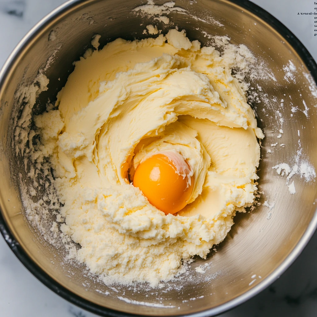 "Cookie dough being mixed in a large bowl, with butter, sugar, egg, and vanilla combined to form a soft, golden batter."

