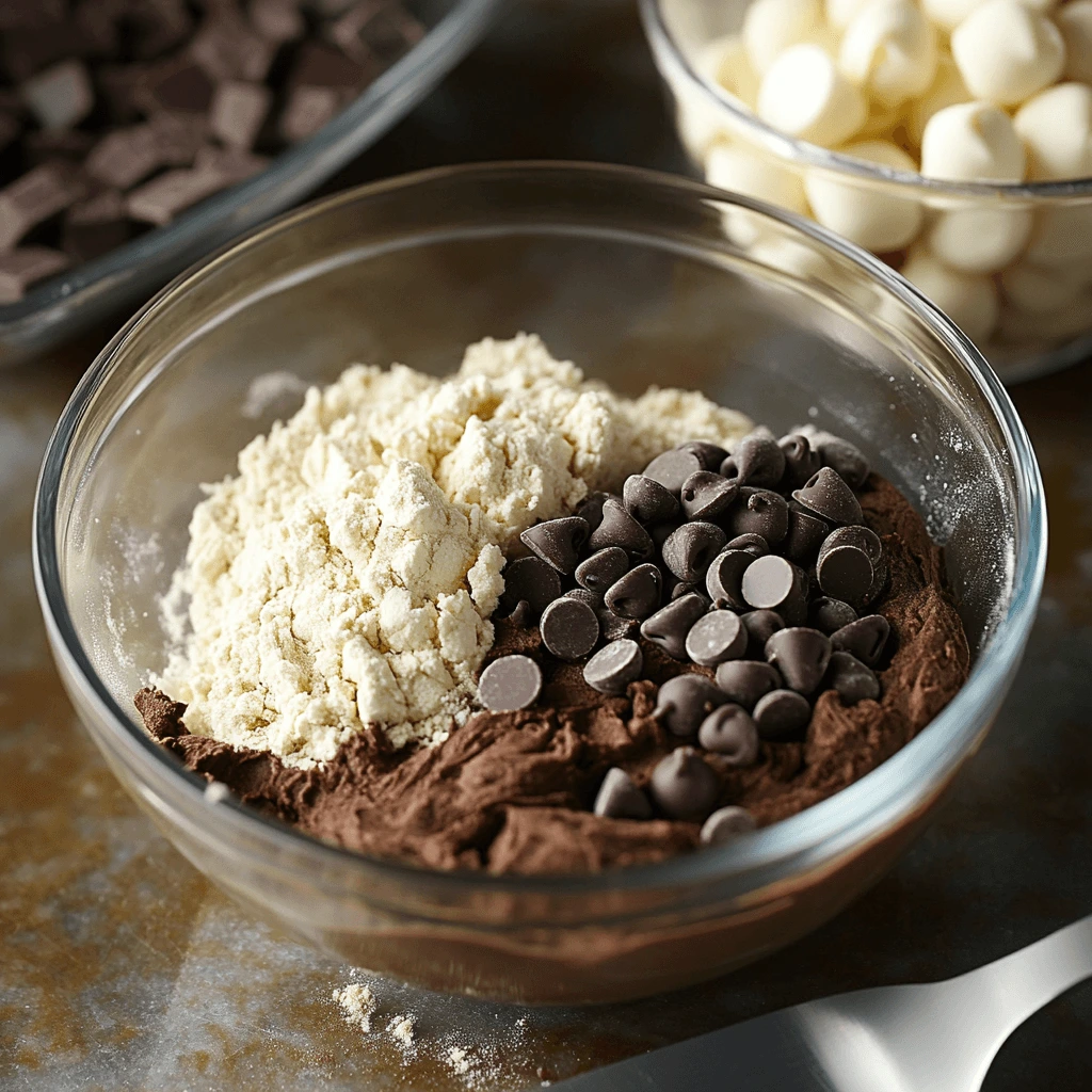 A bowl of rich chocolate cookie dough with chocolate chips being folded in, showcasing the process of preparing double chocolate chip cookies.

