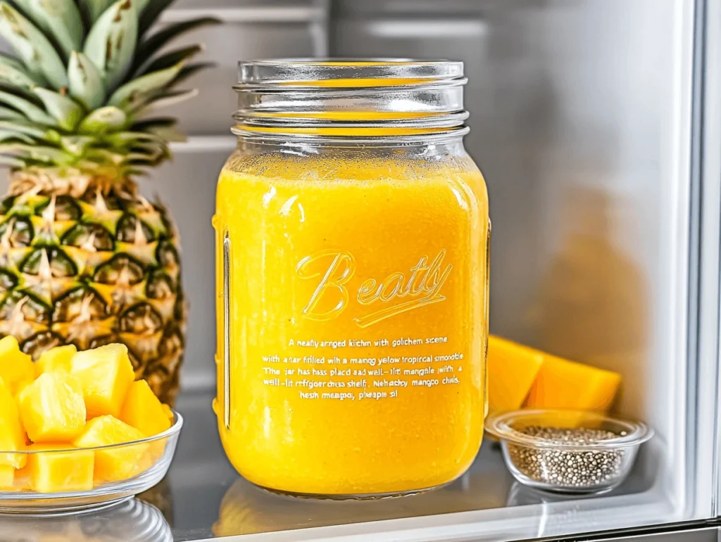 A mason jar filled with a golden-yellow tropical pineapple mango smoothie, stored in a well-lit refrigerator alongside fresh pineapple chunks, mango pieces, and a small dish of chia seeds.
