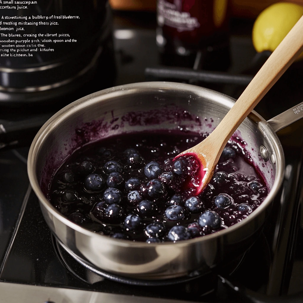 "Simmering blueberry sauce in a saucepan, with vibrant purple juices and a wooden spoon stirring the mixture."

