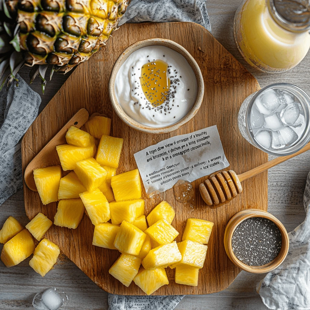 A top-down view of a wooden cutting board with fresh pineapple chunks, a bowl of Greek yogurt drizzled with honey and sprinkled with chia seeds, a small jar of ice cubes, a glass of coconut milk, and a honey dipper. A whole pineapple is partially visible in the background, adding a tropical touch.