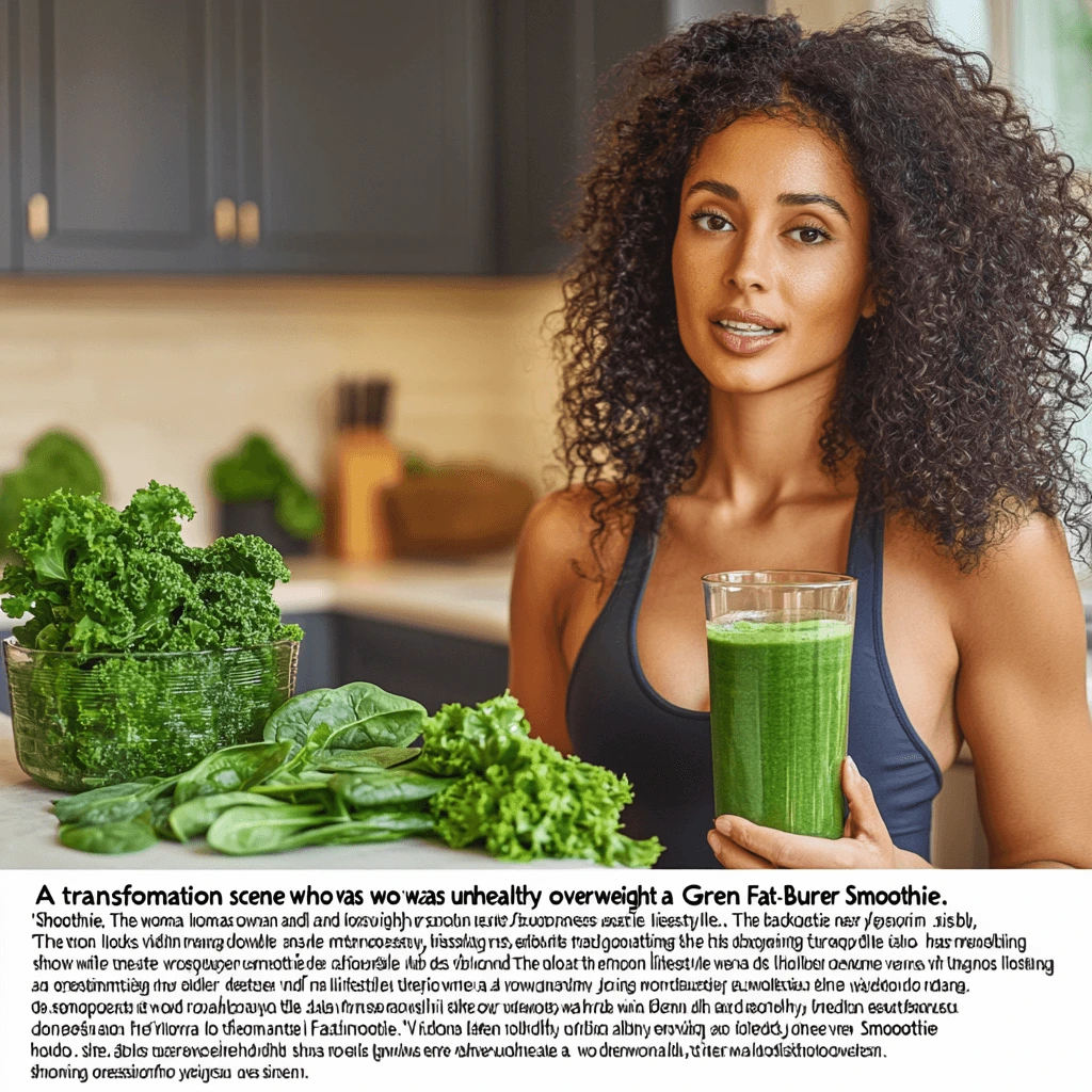 "A woman holding a Green Fat-Burner Smoothie in a kitchen, with fresh kale and spinach on the counter, representing a healthy transformation from being overweight to fit."


