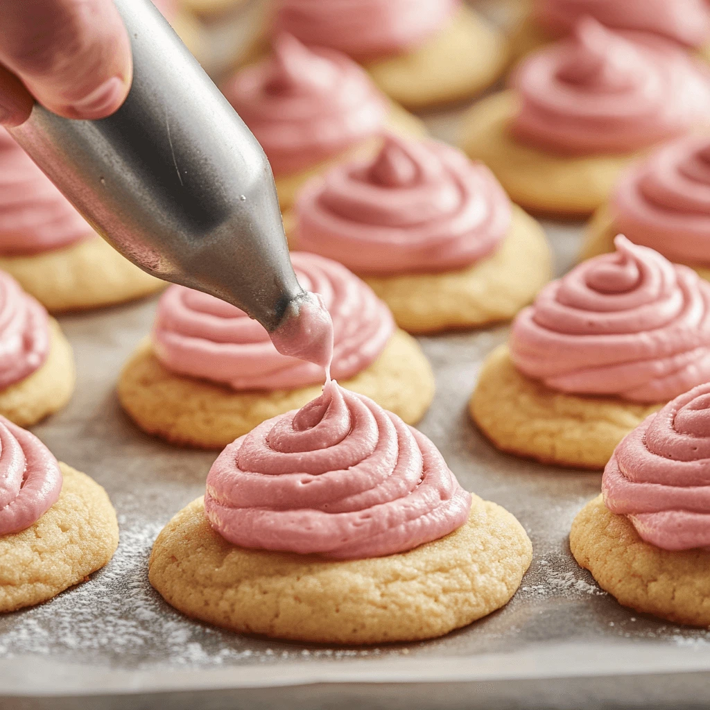 "Assembling Strawberry Kiss Cookies with pink frosting and a melted chocolate center on a cooling rack."

