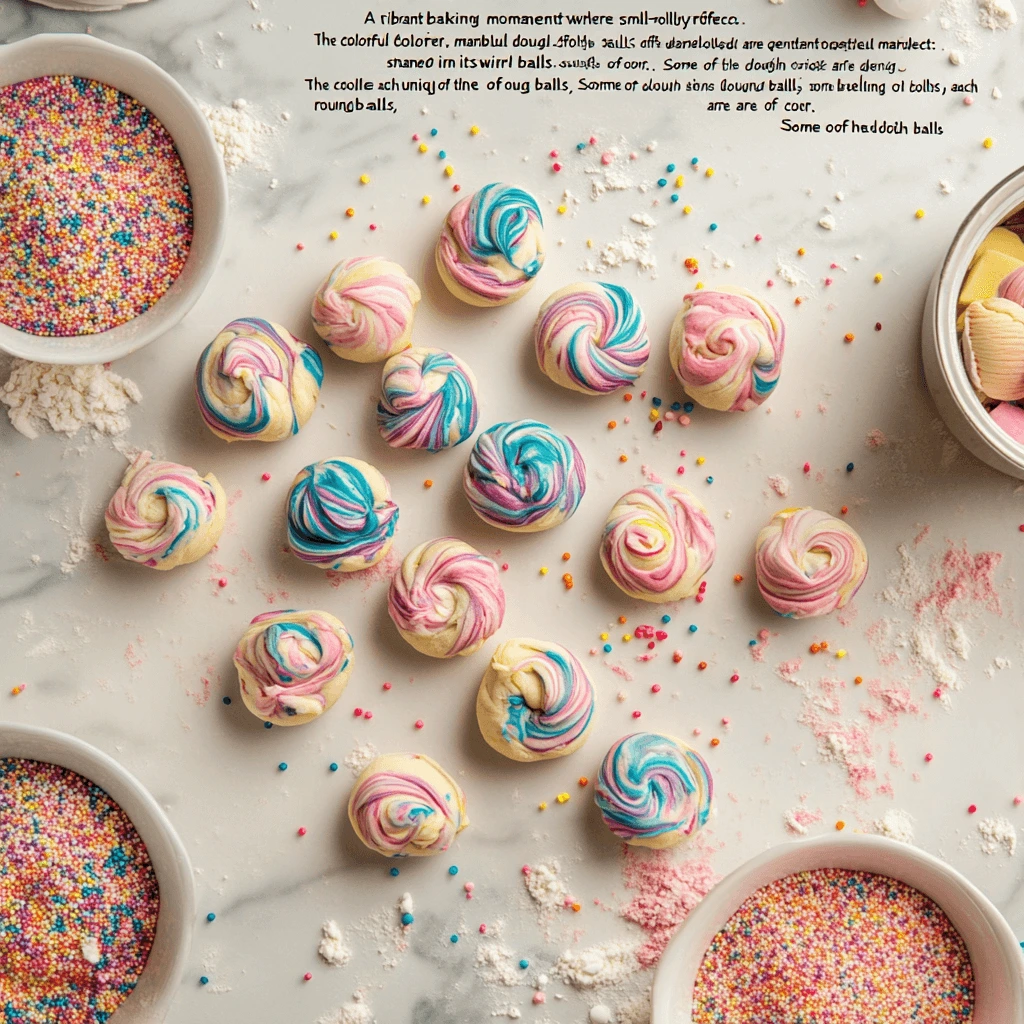 "Marbled pastel-colored cookie dough being rolled into small balls and dipped in colorful sprinkles on a baking countertop."

