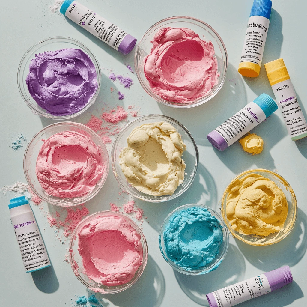 "Portions of cookie dough being kneaded with pastel gel food coloring, creating soft, colorful shades on a countertop."

