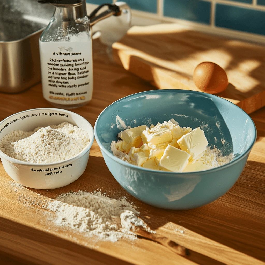 "A kitchen counter with two mixing bowls, one containing whisked dry ingredients and the other with creamed butter and sugar, surrounded by an egg and a bottle of vanilla extract."

