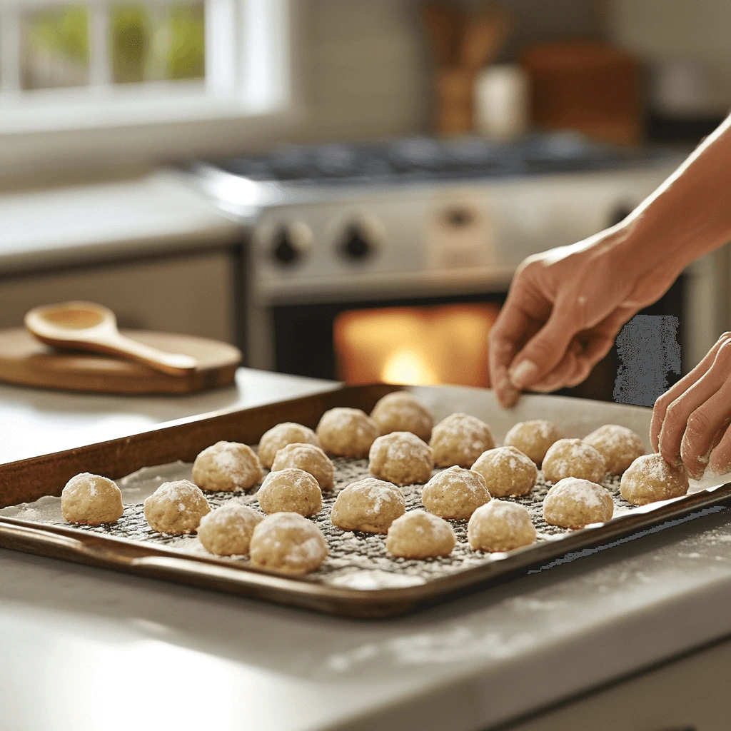 "Rolled cookie dough balls with thumbprint indentations on a parchment-lined baking sheet, ready to go into the oven."

