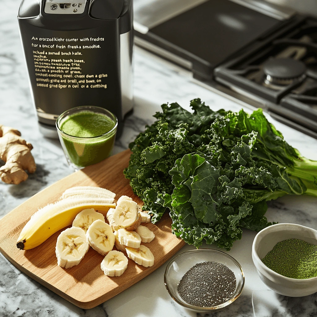 "Fresh ingredients for a Green Fat-Burner Smoothie: sliced banana, kale, chia seeds, and ginger, with a glass of green tea on a clean kitchen counter."