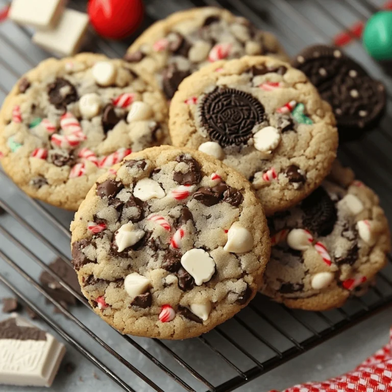 A stack of soft, chewy cookies with crushed Oreo pieces and peppermint candy bits, topped with a festive candy cane piece, displayed on a white plate with a gold rim and a blurred holiday-themed background.
