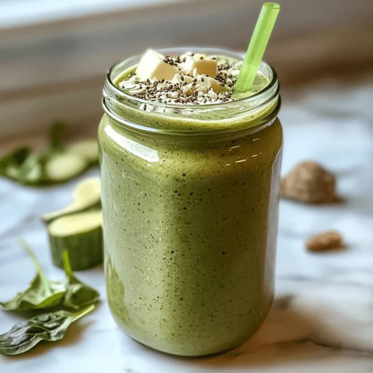 "Green Fat-Burner Smoothie in a mason jar with spinach, banana, and chia seeds on top, set on a kitchen counter with cucumber and fresh leaves."