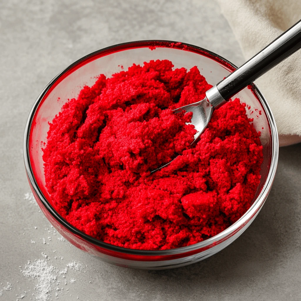 A bowl of cookie dough with red food coloring being mixed in, creating a vibrant red color for Red Velvet Crinkle Cookies.

