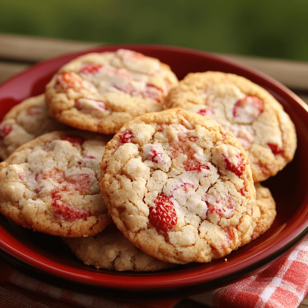A close-up of perfectly baked strawberry cookies with a soft, chewy texture, showing even baking and golden edges.

