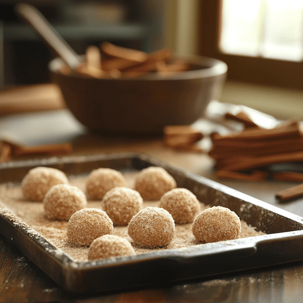 Cookie dough balls coated in cinnamon sugar on a rustic kitchen counter.

