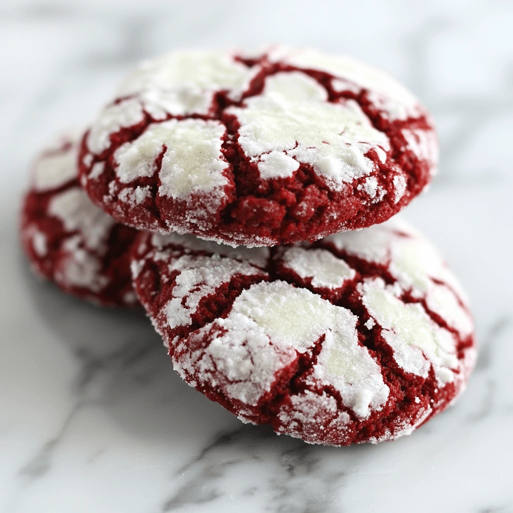 A close-up of a Red Velvet Crinkle Cookie, showing its soft, chewy texture and powdered sugar coating with a vibrant red color.

