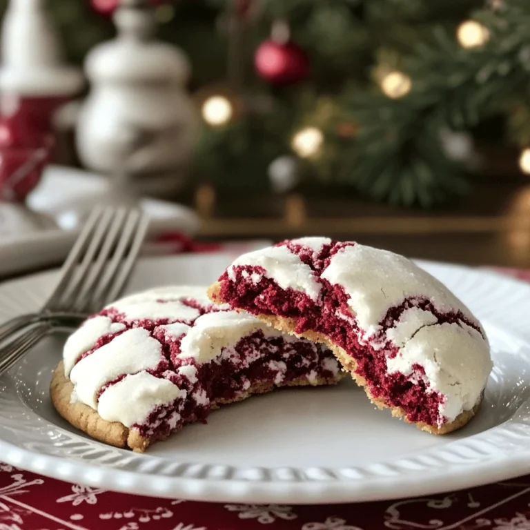 A close-up of a soft and chewy Red Velvet Crinkle Cookie with a powdered sugar coating, offering a rich, red color.