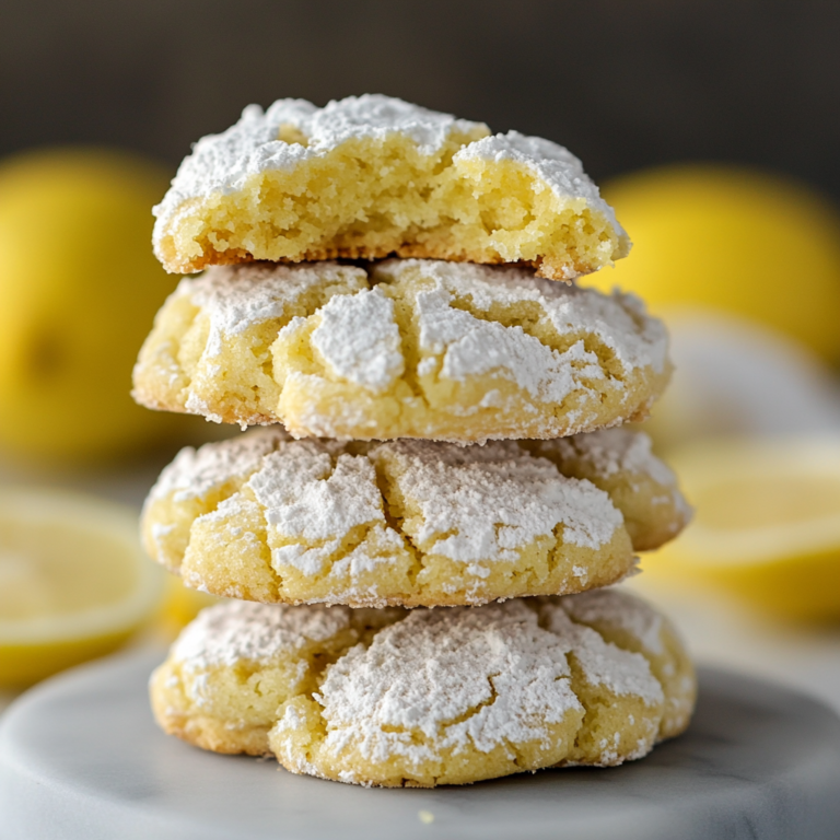 A close-up view of a stack of soft and chewy lemon crinkle cookies, dusted with powdered sugar, with bright yellow lemons blurred in the background