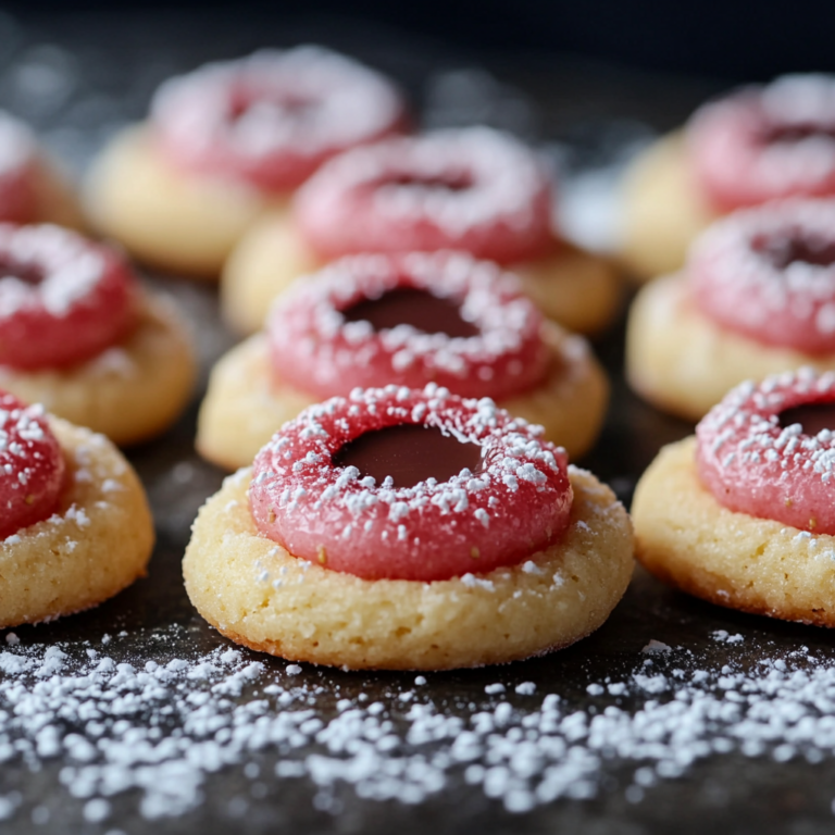 "Freshly baked Strawberry Kiss Cookies topped with pink strawberry frosting and a glossy chocolate center, dusted with powdered sugar."