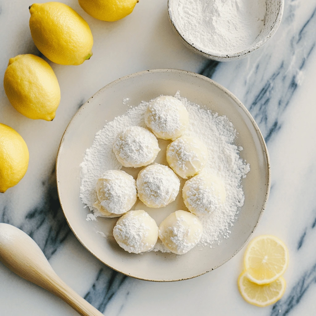 A close-up of perfectly baked lemon crinkle cookies stacked on a plate, showcasing their powdered sugar coating and soft, cracked tops.