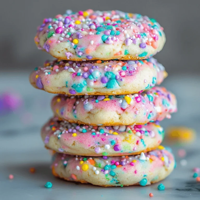 "Freshly baked rainbow sprinkle cookies stacked on a white plate, surrounded by scattered sprinkles and a glass of milk."